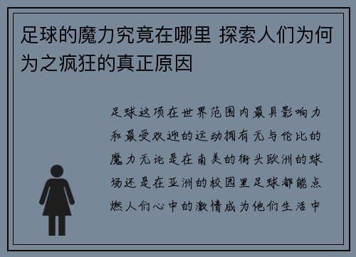 足球的魔力究竟在哪里 探索人们为何为之疯狂的真正原因