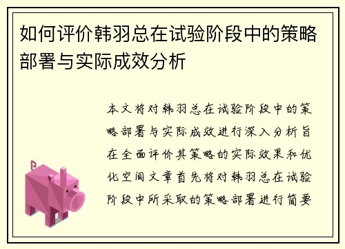 如何评价韩羽总在试验阶段中的策略部署与实际成效分析 如何评价韩羽总在试验阶段中的策略部署与实际成效分析
